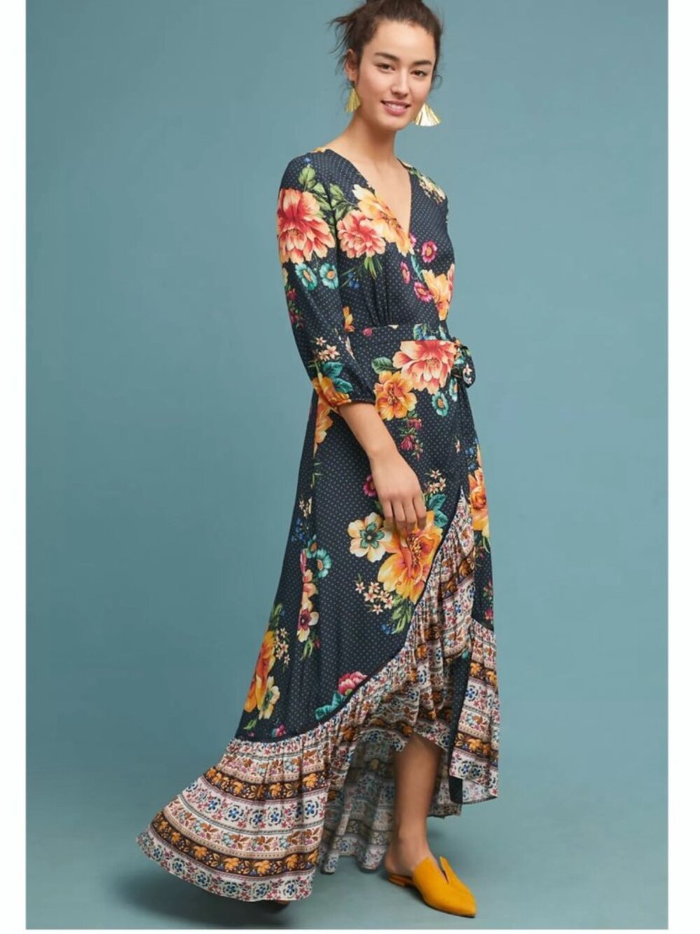 Farm Rio Majorca wrap floral print hi/lo hem maxi dress Sz XXS - Picture 2 of 16